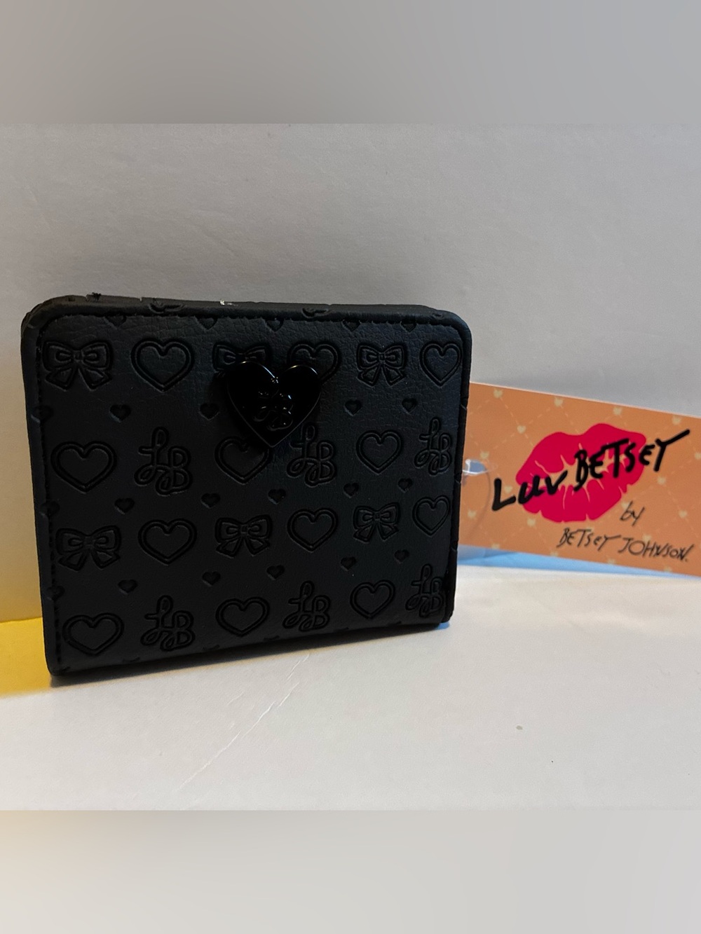 Betsey Johnson Black Embossed Heart & Bow Compact Wallet
